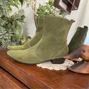 Green Suede Pointed Toe Leather Low Heel Boots Ankle Booties